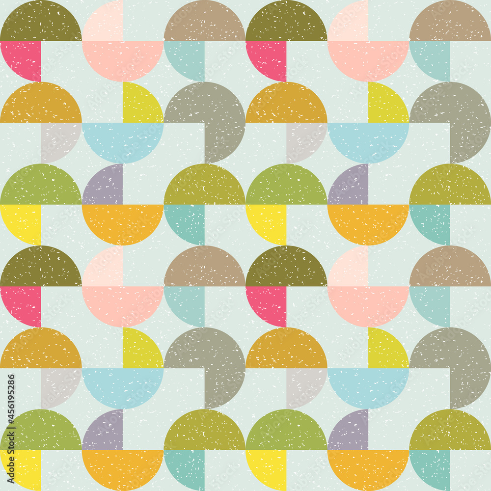 Aufkleber Modern vector abstract seamless geometric pattern with semicircles and circles in retro scandinavian style. Pastel colored colorful shapes with worn out texture .