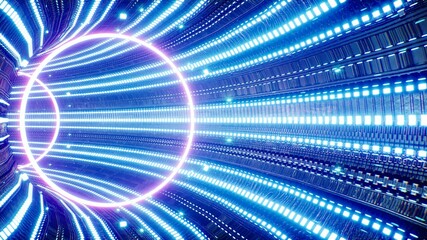 Bright Blue Light Tunnel with Neon Circle Lamp 3D Rendering