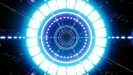 Bright Cyan Color Circle Light in the Sci Fi Portal Tunnel