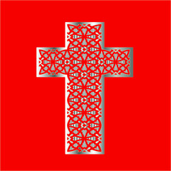 
cross with patterns of metal on a red background. 