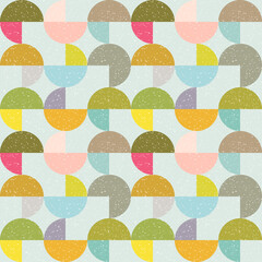 Modern vector abstract seamless geometric pattern with semicircles and circles in retro scandinavian style. Pastel colored colorful shapes with worn out texture .