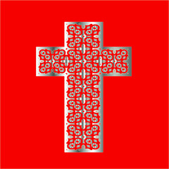 
cross with patterns of metal on a red background. 