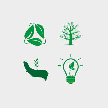 A set of icons of nature, for sites and applications. Image of leaves, palms, trees, light bulbs, energy, person Vector. Green energy icons with and without old background