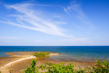 Tropical beach seaside and blue sky of Laem Thaen viewpoint in 