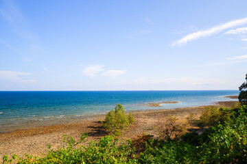 Tropical beach seaside and blue sky of Laem Thaen viewpoint in 
