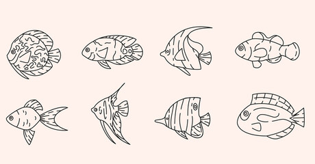 Tropical fishes outline elements collection. Underwater fauna line isolated set. Goldfish, clownfish, angelfish in contour design.