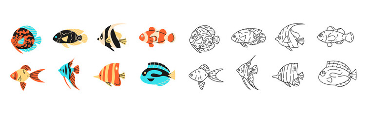 Tropical fishes simple elements collection. Oceanic wildlife flat isolated set. Different underwater fauna: goldfish, clownfish, angelfish in trendy flat design.