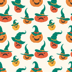 Halloween pumpkins seamless pattern vector illustration. Squashes with spooky faces texture design. Different creepy gourds  background. Jack lanterns wrapping.