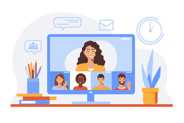 Conference video call, business team faces, video meeting online  remote project management, working from home, quarantine. Vector illustration.