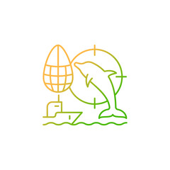 Dolphin drive hunting gradient linear vector icon. Drive dolphins with boat to shore and kill. Fishing method. Thin line color symbol. Modern style pictogram. Vector isolated outline drawing