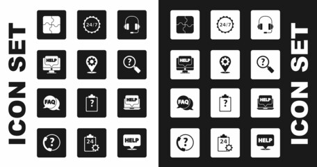 Set Headphones, Location with gear, Computer monitor and help, Piece of puzzle, Unknown search, Clock 24 hours, Laptop and Speech bubble FAQ icon. Vector