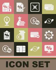 Set Discount percent tag, Gear with, Financial growth and dollar, Safe, Money bag coin, Cash location, Finance document lock and icon. Vector