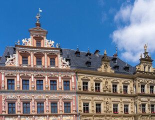 Historical facades in the Fischmarkt (Fish Market), the central square of Erfurt's, the capital and...