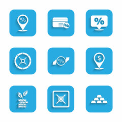 Set Discount percent tag, Safe, Gold bars, Cash location, Dollar plant, and Location with discount icon. Vector
