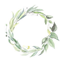 Wreath of green leaves, foliage frame isolated on white background, watercolor floral illustration for invitation, greeting card, for your text.