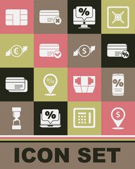 Set Cash location, Percent discount and mobile, Discount card with percent, monitor, Credit, Financial growth euro coin, chip and dollar icon. Vector