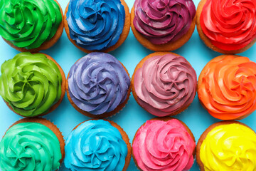 Fototapeta premium Many delicious colorful cupcakes on light blue background, flat lay