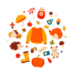 Cute autumn set with colorful elements. Perfect for design. Vector illustration.