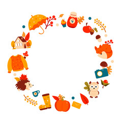 Autumn wreath with various elements: house, animals, mushrooms, berries, jam, leaves, house and more. Vector illustration.