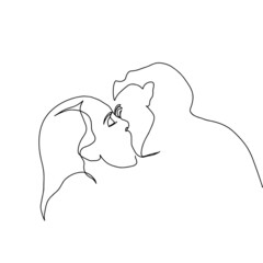 Continuous line of men and women show their love, kiss Valentine's Day Love Thailand vector illustration, hand-drawn lines, simple wedding couples.