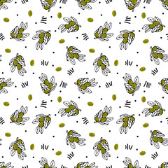 seamless pattern with olives and the outline of a twig with leaves on a white background