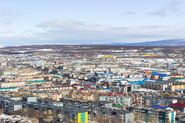 Russia, Kamchatka. Aerial view of multi-storey, multi-colored houses in the city of Petropavlovsk Kamchatsky.