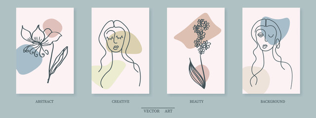 Surreal Faces Continuous line, drawing of set faces and hairstyle, fashion concept, woman beauty minimalist, vector illustration pretty sexy. Contemporary portrait