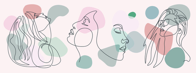 Surreal Faces Continuous line, drawing of set faces and hairstyle, fashion concept, woman beauty minimalist, vector illustration pretty sexy. Contemporary portrait