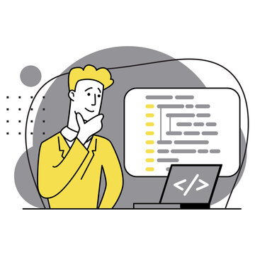 Concept of script coding, programming. A programming language. Programmer working on web development on computer. Software developers. Workplace of the programmer. Flat vector illustrations
