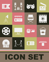 Set Limousine car and carpet, Popcorn box, Play Video, Comedy tragedy masks, Movie clapper, spotlight, Cinema ticket and Director movie chair icon. Vector