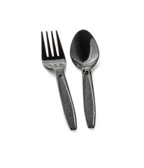 Plastic spoon and fork in black color isolated on white background