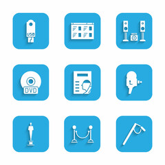 Set Cinema poster, Rope barrier, Microphone, Retro cinema camera, Movie trophy, CD or DVD disk, Home stereo with two speakers and USB flash drive icon. Vector