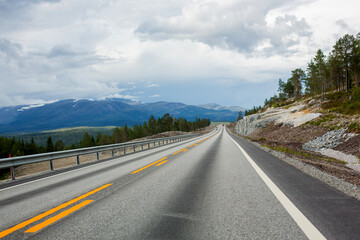 Naklejka premium Road with trees and cloudy sky in Norway, summertime. Beautiful scandinavian nature