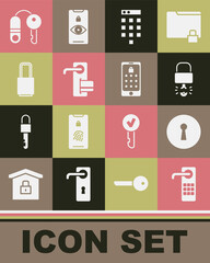 Set Digital door lock, Keyhole, broke inside of padlock, Password protection, Lock, House with key and Mobile and graphic password icon. Vector