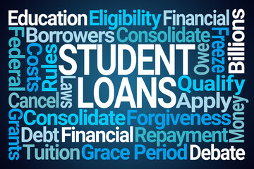 Student Loans Word Cloud on Blue Background - obrazy, fototapety, plakaty