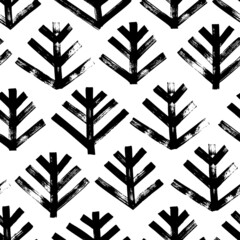 Scandinavian seamless pattern with fir trees. Black on white herringbone motif. Vector winter pattern with stylized pine trees. Tribal background. Fabric design, wallpaper decoration, wrapping paper