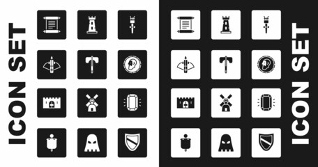 Set Torch flame, Medieval axe, Battle crossbow with arrow, Decree, parchment, scroll, Ancient coin, Castle tower, Diamond and castle gate icon. Vector