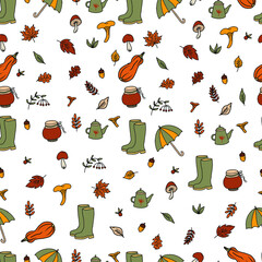vector set of hand drawn doodle autumn illustrations. Harvest festival. Fall party invitation banner. Happy Thanksgiving card decor. Umbrella, boots, mushrooms and leaves