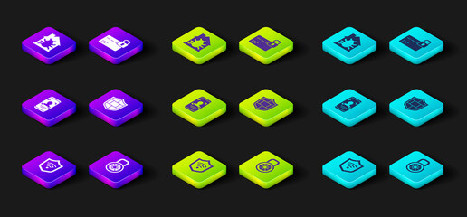 Set Shield with WiFi wireless, Safe combination lock, Mobile and face recognition, brick wall, Credit card and House system bug icon. Vector