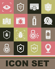 Set System bug, on mobile, Cyber security, in credit card, monitor, Eye scan and USB flash drive icon. Vector