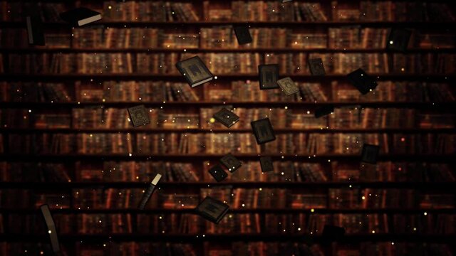 Antique books and particles fly up