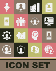 Set Globe and people, Mobile with resume, Monitor, Productive human, Users group, Smartphone, Head hunting and icon. Vector