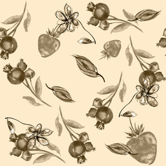 Watercolor seamless floral background. Trendy modern pattern with chamomile flower, flower petal, branch. Backgroun for fabric design. Berry lingonberry, blueberry, strawberry, fruit tea, packaging 