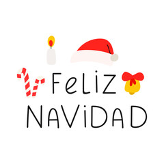 Santa's hat, candle, bell, candy. Feliz Navidad it's means Happy Christmas in Spanish. Illustration on white background.