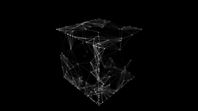 Technology block chain network connection. Big data visualization. Cyber security background. Black cube, consisting of block disintegrating particles. 3D rendering.