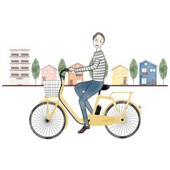 街中を電動自転車にのる男性
