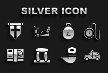 Set Stonehenge, Watch with a chain, Taxi car, Smoking pipe, Pound sterling money, Money bag pound, England flag pennant and Robin hood hat icon. Vector