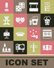 Set Stacks paper money cash, Shooting gallery, Popcorn box, Ticket office, Comedy and tragedy masks, Teddy bear plush toy, Tree and glass icon. Vector