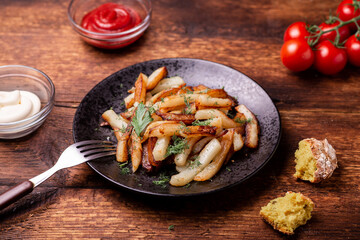 Fried potatoes on a plate with herbs on a wooden background. Ketchup, mayonnaise and bread lie side by side.