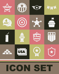 Set Police badge, Shield with stars, Cake, Star American military, shield, USA Independence day, and Hexagram sheriff icon. Vector